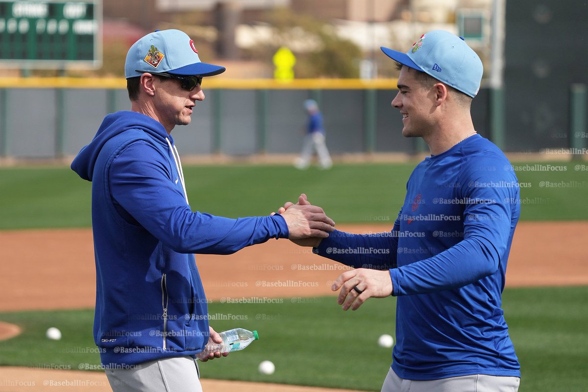 baseballinfocus's tweet image. Cubs Matt Shaw greets Counsell and Cabreja; takes more outfield.