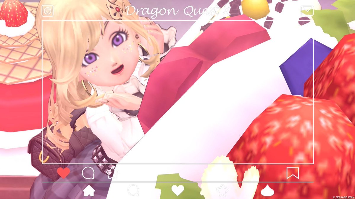 DQX_MINI's tweet photo. No.1103
その目、とろけすぎ

身長より高いいちごケーキ。

キツめギャルのはずなのに
見上げた瞬間、目が完全に恋してた。

つり目どこいった？ってくらい
甘さに一瞬で持っていかれて。

まだ食べてないのにほっぺ落ちそう。

好きの前では抗えない
この目、本気でときめいてる。
 #DQ10　#アスコン https://t.co/79vjFryppW