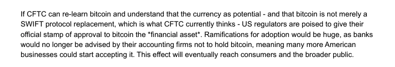 Perhaps a smoking gun from the Epstein emails. The push to turn Bitcoin into "digital gold" might have been as a direct appeal to regulators, to make it more friendly to institutional money. Email from 2015:

"If CFTC can re-learn bitcoin and understand that the currency as