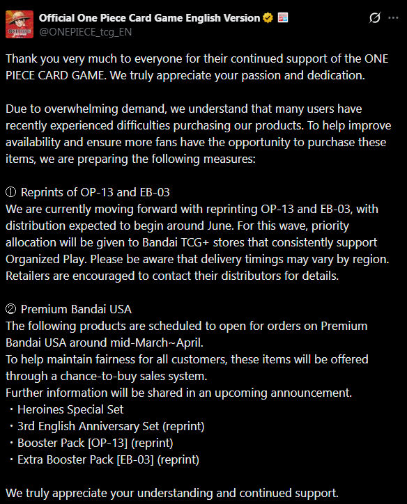 HUGE ONE PIECE TCG NEWS  CONFIRMED: -Reprints towards OP13 & EB03  starting June 2026 -Premium Bandai USA chance-to-buy sales system for  Heroines Special Set, 3rd English Anniv set, OP13, and EB03!