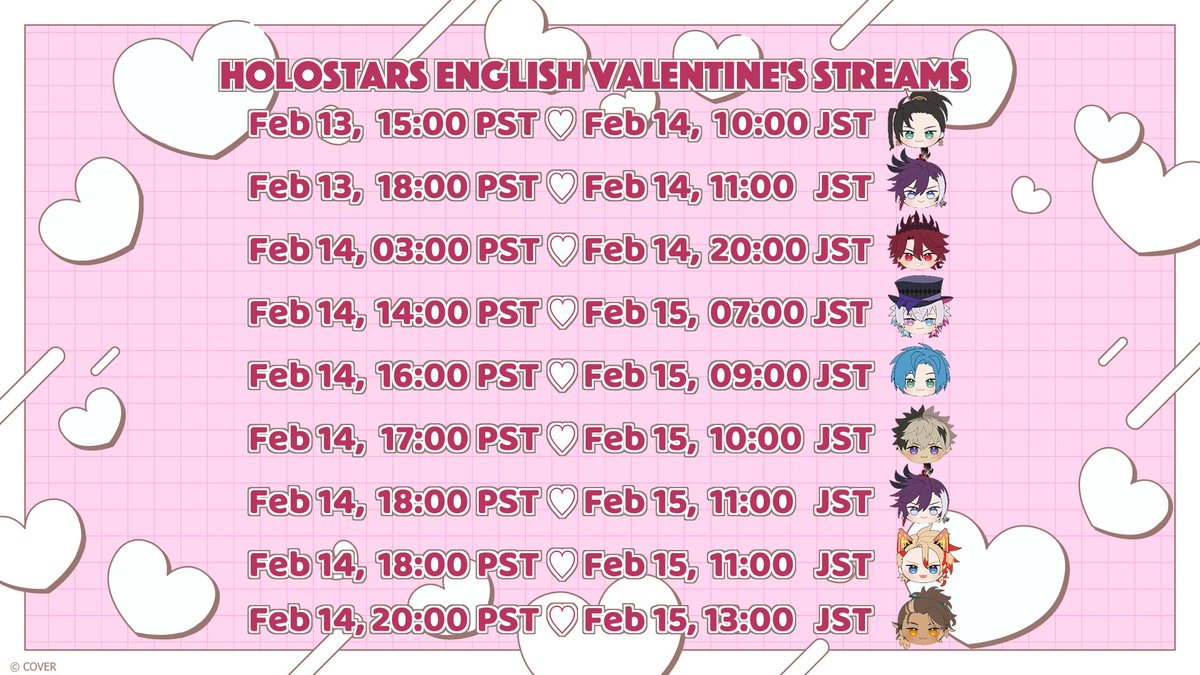 💖 Love is in the air this weekend... a LOT of it!
Tune into the upcoming streams from HOLOSTARS English for Valentine's Day!

We've got handcams, ASMR, and more for you to enjoy💖

#HSEValentines2026
*Waiting rooms are subject to change. Please check the talent's account for the