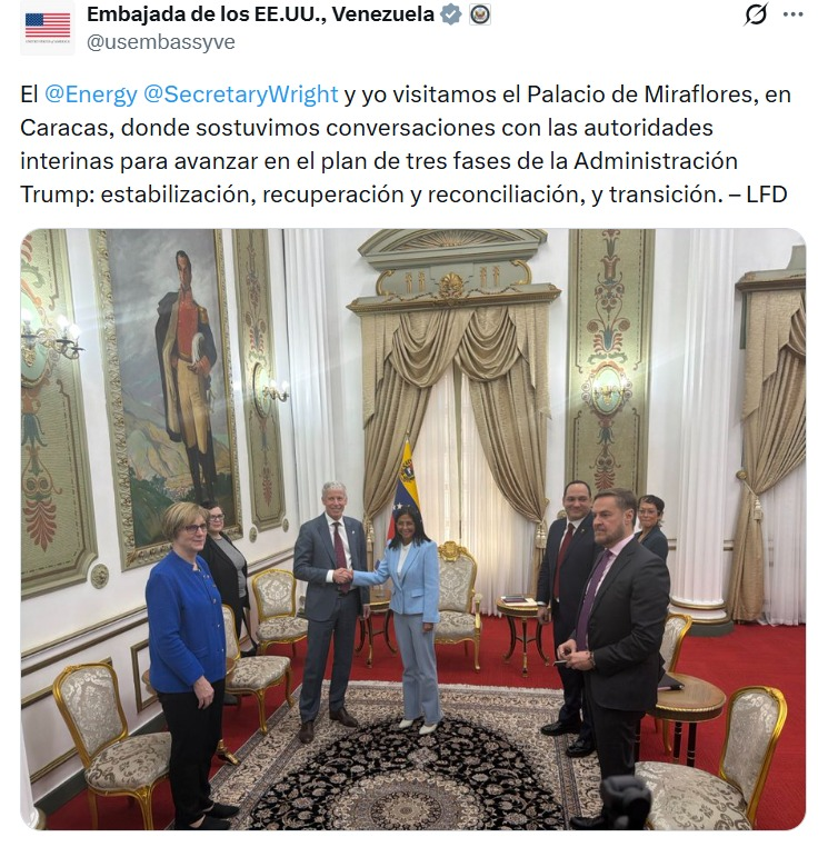 EE.UU. insiste en que no habla con una jefa de estado sino con las "autoridades interinas" en Venezuela. 
Un mensaje clarísimo para la condición en la que se encuentran Delcy Rodríguez y compañía. 
Administran un país, porque los dejan. 
Los tienen doblegados.