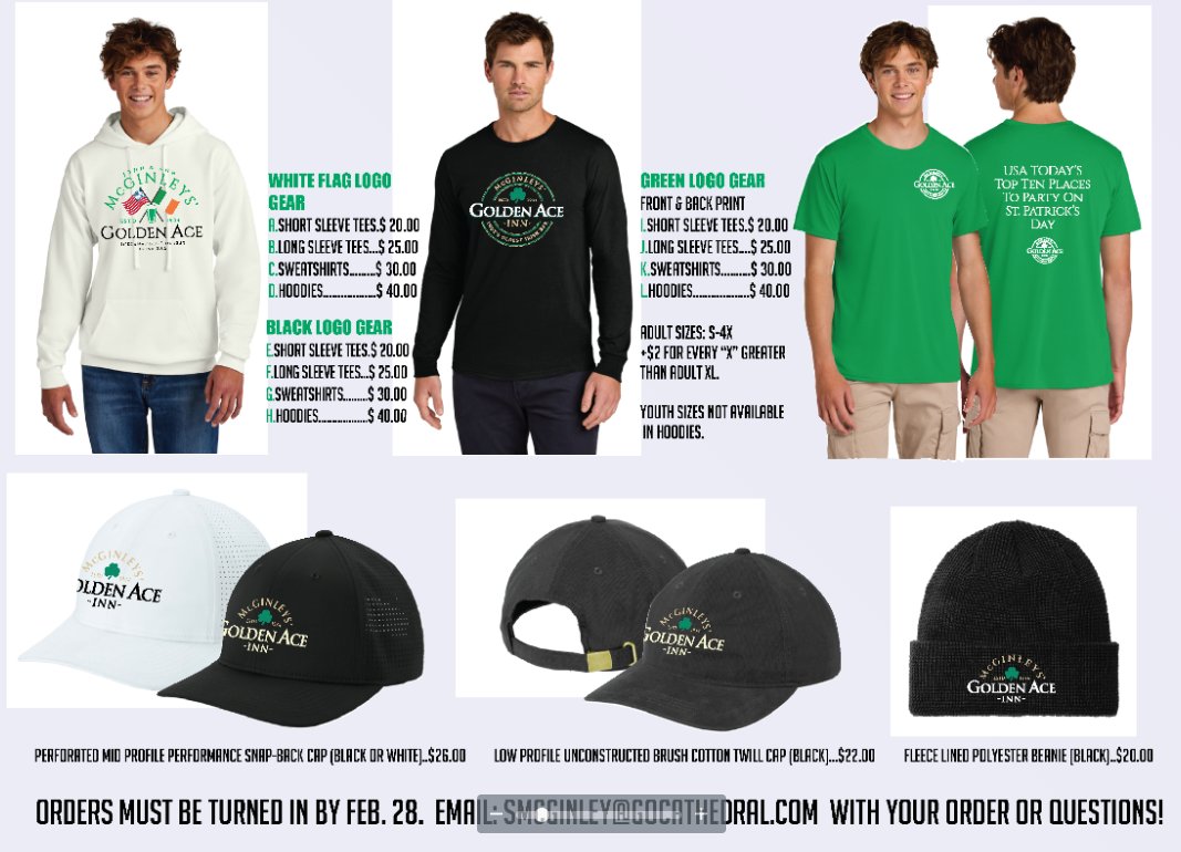 St. Patrick's Day is near!  It's time to get your Golden Ace gear!  Contact smcginley@gocathedral.com to order (or with questions)