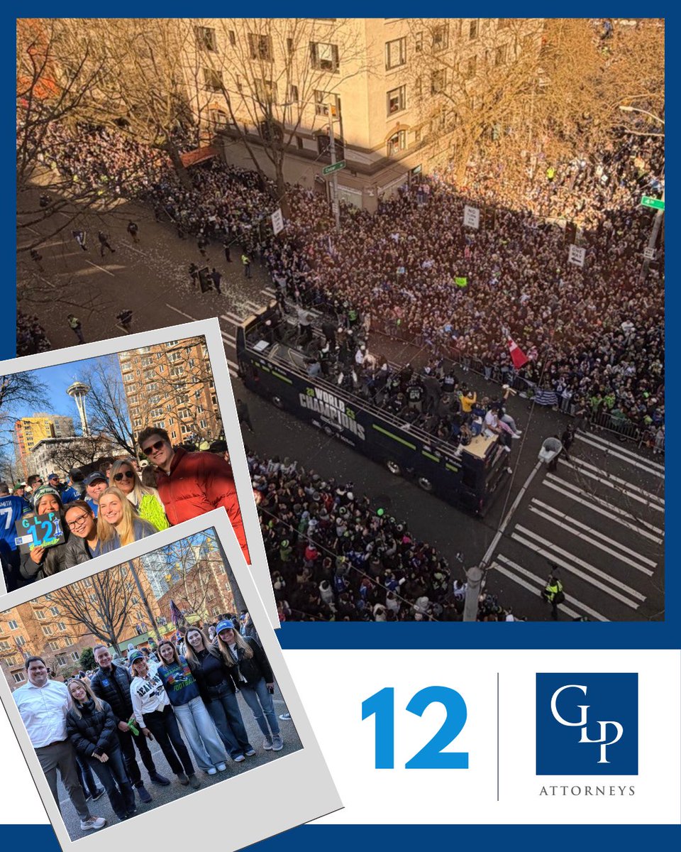 Downtown is a true sea of blue and green as the victory parade for the Super Bowl LX Champions Seattle Seahawks makes its way down Fourth Avenue passing right in front of our GLP Attorneys Seattle office. 

#SuperBowlChamps #12s #GoHawks #SeattleParade #Community