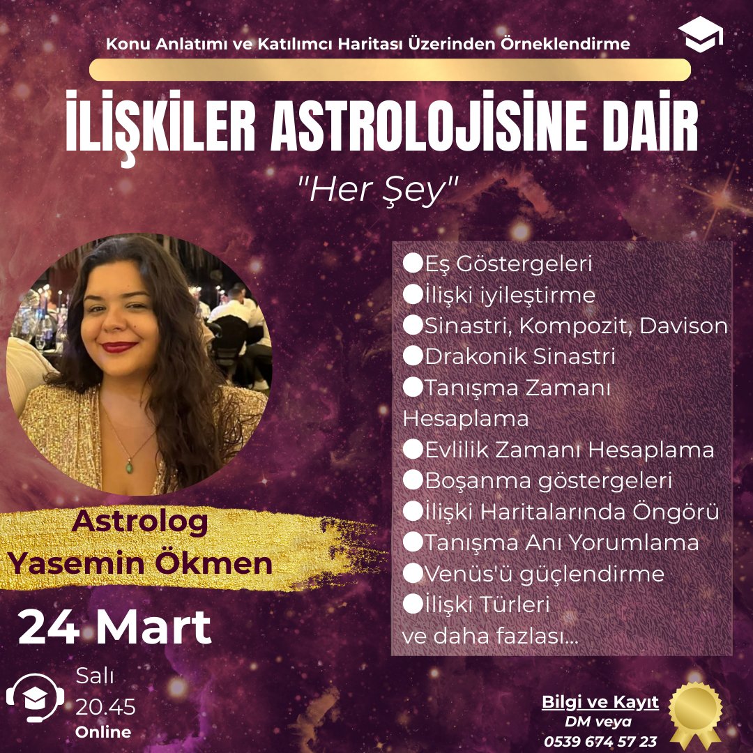 Gezegenler, ay düğümleri, asteroidler, aşk hayatımızı etkileyen özel sabit yıldız görünümlerine dair anlatımlar eğitime dahildir. Fiyatı uygun tuttum, bilgi için DM✨️