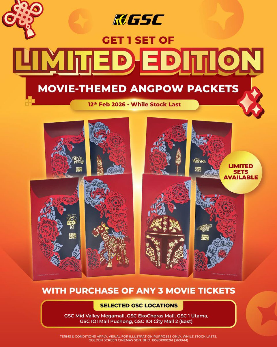 GSCinemas's tweet image. Limited-edition Angpao from #TheDevilWearsPrada2, Disney’s #Moana, #ToyStory5, and #TheMandalorianAndGrogu have finally arrived! 🧧✨

Receive 1 exclusive set of these movie-themed angpao packets with the purchase of any 3 movie tickets at selected GSC locations, starting today.