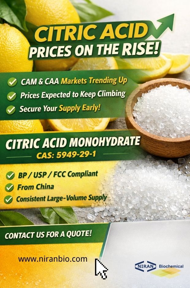 niranbio's tweet photo. 🍋 Market Update: Citric acid prices have risen for 3 sessions. Both CAM &amp; CAA are trending up. With stable quality &amp; large-volume supply, we recommend securing quantities early to avoid higher costs. 🌐 https://t.co/waLAxPUavm
 📞 +86 189 2113 0987 #CitricAcid #FoodAdditive https://t.co/XcOjeemM26
