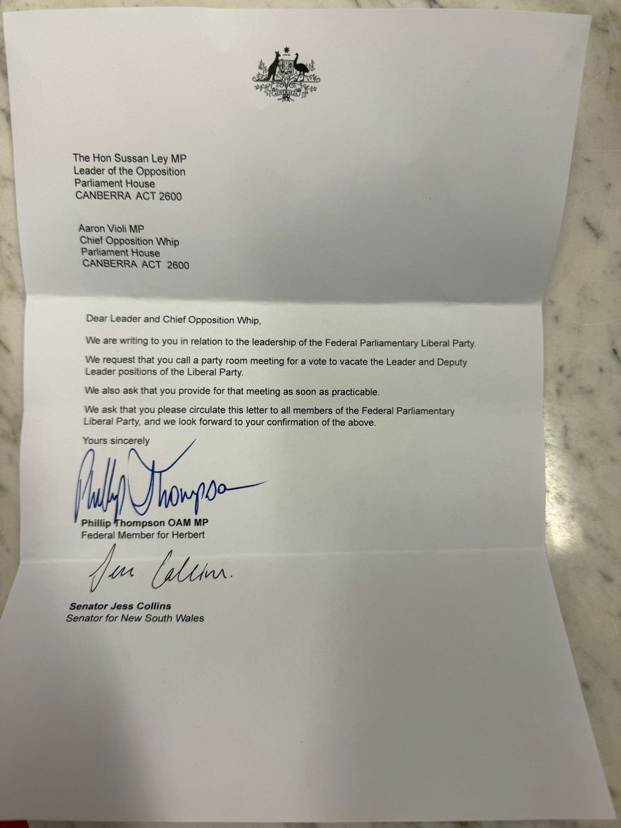 "We request that you call a party room meeting for a vote to vacate the Leader and Deputy Leader positions of the Liberal Party. We also ask that you provide for that meeting as soon as practicable" - <a href="/DrJessCollins/">Senator Jessica Collins</a> and <a href="/P_Thompson88/">Phillip Thompson OAM MP</a> write to <a href="/sussanley/">Sussan Ley</a>
