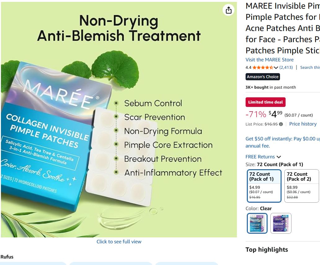 72ct Maree Invisible Pimple Patches - Clear Pimple Patches $4.74 (Reg $9.99) or $4.24 or 2 Boxes $8/$7.19
1 Pack amzn.to/4rGAm3t limit 3 of each
2 Pack amzn.to/4qsM5lr