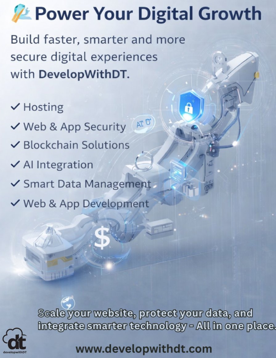 DevWithDT's tweet photo. till dealing with slow websites, security risks, and outdated tech? ⚠️
Stop losing opportunities ,upgrade with smarter Hosting, AI Integration, Web/App Security, and Development solutions.
https://t.co/9Bd3RZ4xiL
#DevelopWithDT #FixYourWebsite #DigitalUpgrade #WebSecurity https://t.co/kYlRXeOVZX