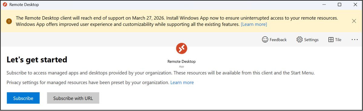 vaishnavk93's tweet photo. 🚨 Important Update for IT Admins &amp; EUC Pros 🚨

📅 March 27, 2026, marks the end of support for the Remote Desktop client (standalone MSI) for Windows. Use Windows App ✅

👉Read more: https://t.co/fl7XNePCYg

#WindowsApp #AVD #Windows365 #MSIntune #MicrosoftDevBox #EUC #CloudPC https://t.co/fL6f0NRw2s