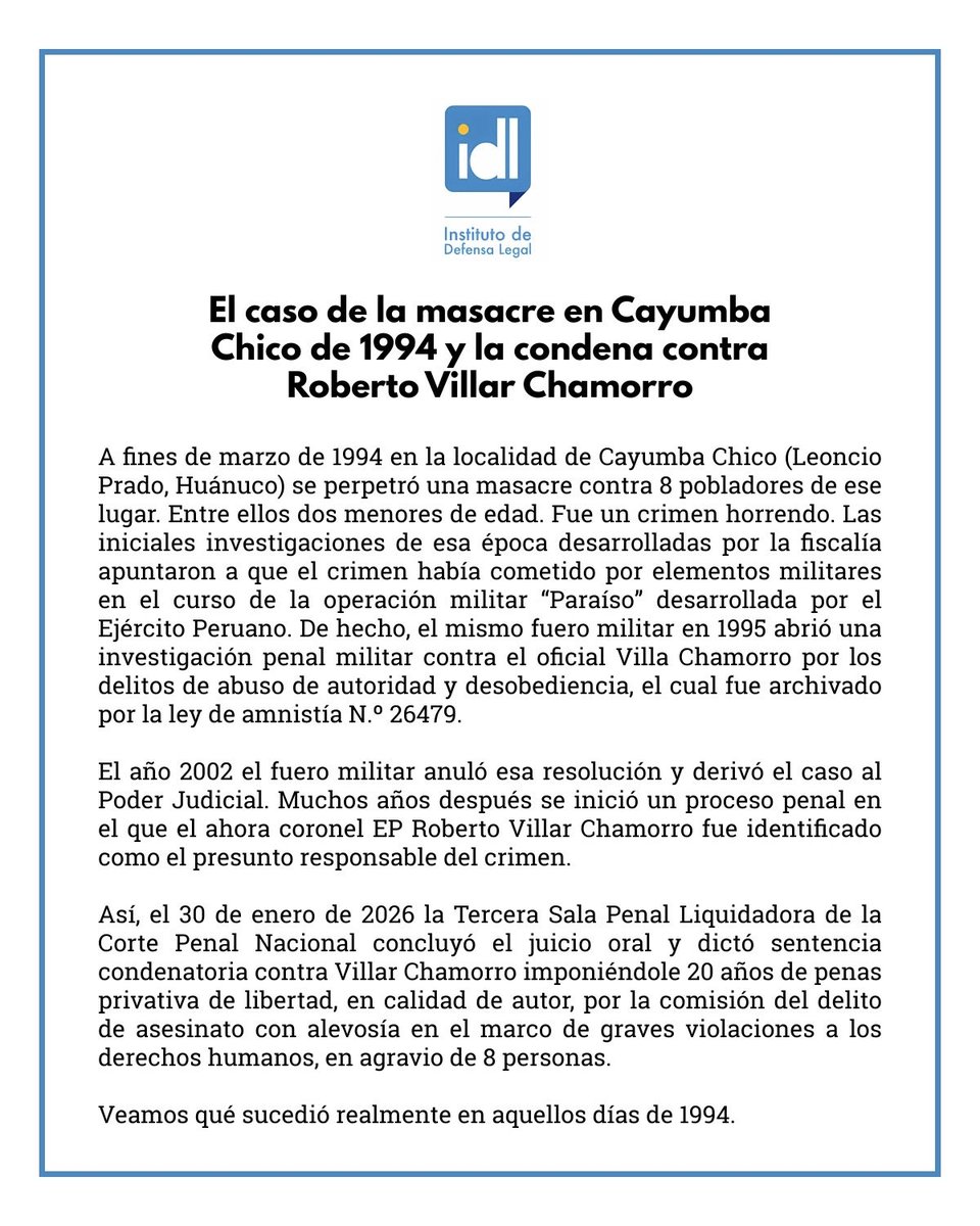 Jjquispe01's tweet photo. #Urgente El megalómano presidente del @congresoperu #FernandoRospigliosi no solo defiende a DELINCUENTES del @EjercitoPeru que mancharon el uniforme militar y asesinaron a civiles indefensos. Por enésima vez MIENTE y pregona donde lo inviten que el asesino, Coronel EP Roberto Villar Chamorro fue condenado sin prueba alguna.
Lo cierto es que, en su calidad de jefe del Operativo militar ejecutó una MASACRE contra 8 personas sin vinculación con el terrorismo, lo más lamentable es que 2 víctimas eran menores de edad (1)