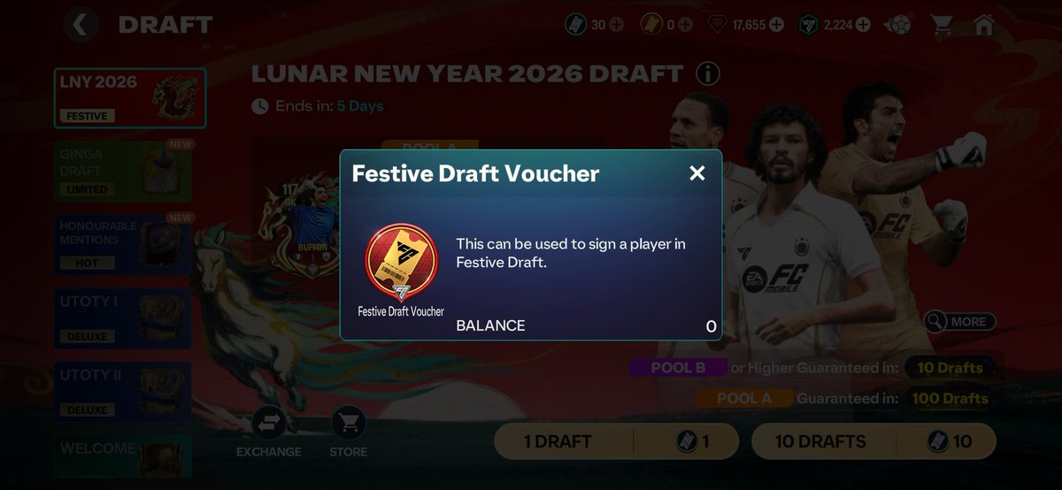Lunar New Year....

Daily tasks with different rewards each day, including lunar new year draft tokens, you can use normal draft tokens in the draft section and a festive draft voucher, (spend these in extra time like festive Fixtures pick) 

Drop your day 1 LNY draft packs in