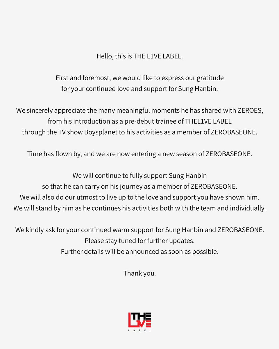 สรุปคือ จีอุง ฮันบิน แมทธิว แทแร กอนอุค ต่อสัญญากับเวควันและจะทำกิจกรรมกลุ่มด้วยชื่อ ZEROBASEONE เหมือนเดิม

ในส่วนของจีอุงกับฮันบิน จะทำกิจกรรมเดี่ยวภายใต้ค่ายเดิม (nest management กับ THEL1VE) จีอุงจะโฟกัสที่งานแสดง ฮันบินงานโซโล่ต่างๆ

เคเลย ชั้นต้องรู้สึกไงดี อึ้ง