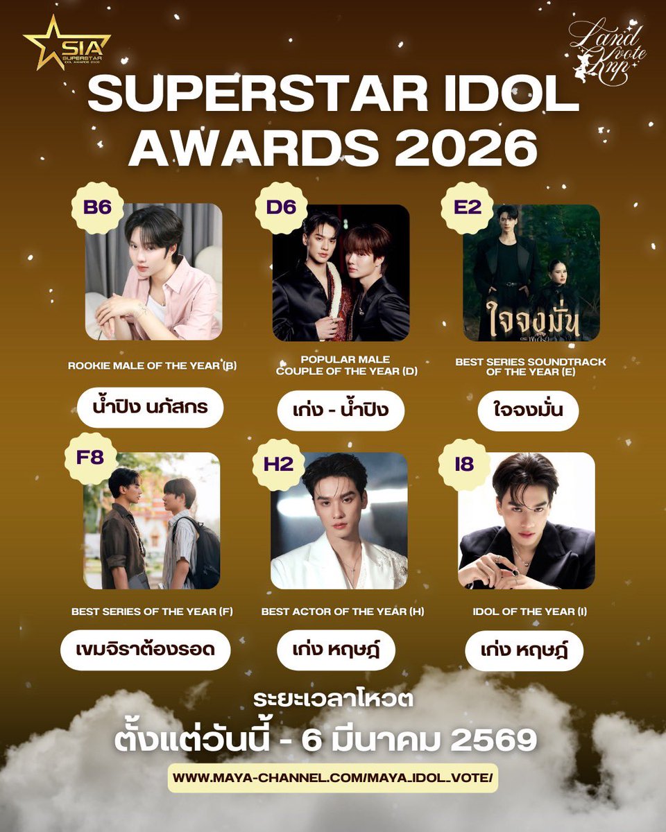 ꒰ ✦✩‧ #VoteforKNP | #KengNamping ♡˚꒱

𝗦𝗨𝗣𝗘𝗥𝗦𝗧𝗔𝗥 𝗜𝗗𝗢𝗟 𝗔𝗪𝗔𝗥𝗗𝗦 𝟮𝟬𝟮𝟲 🏆

⭑ ROOKIE MALE OF THE YEAR (B) 
    — B6 น้ำปิง นภัสกร
⭑ POPULAR MALE COUPLE OF THE YEAR (D)
    — D6 เก่ง-น้ำปิง
⭑ BEST SERIES SOUNDTRACK OF THE YEAR (E)
    — E2 ใจจงมั่น
 ⭑