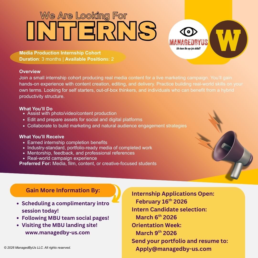 managedbyus's tweet photo. We have partnered with @WesternMichU school of communication to provide interns first to their great student network! Additionally, all are welcome to apply via listed instructions! Thank you. #getmanaged https://t.co/WmPnVN7beb