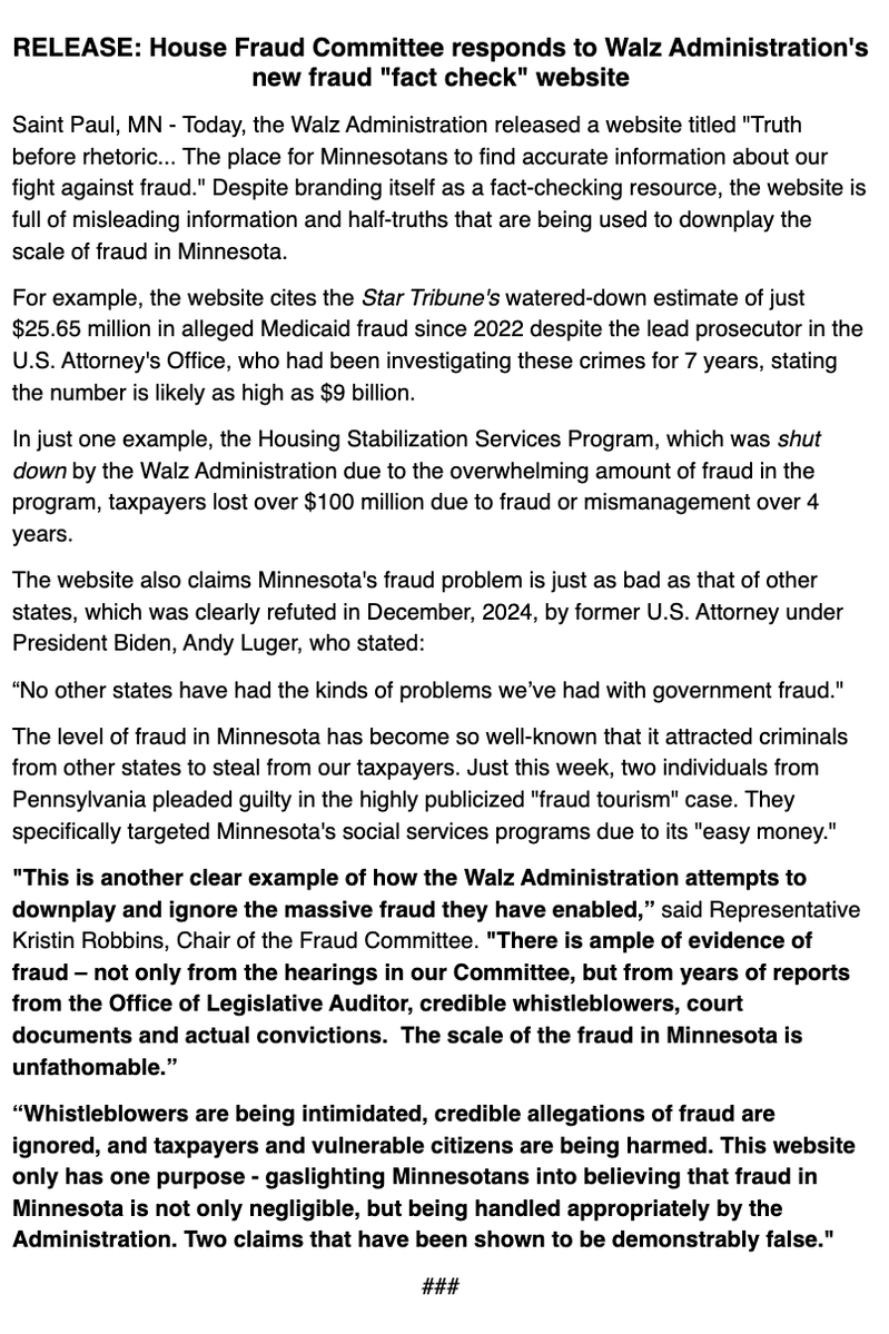NEW: The Minnesota House Fraud Committee slams the Walz administration for downplaying the scale of fraud in Minnesota with a new "fact check" website that is "full of misleading information and half-truths." 

"This website only has one purpose - gaslighting Minnesotans into