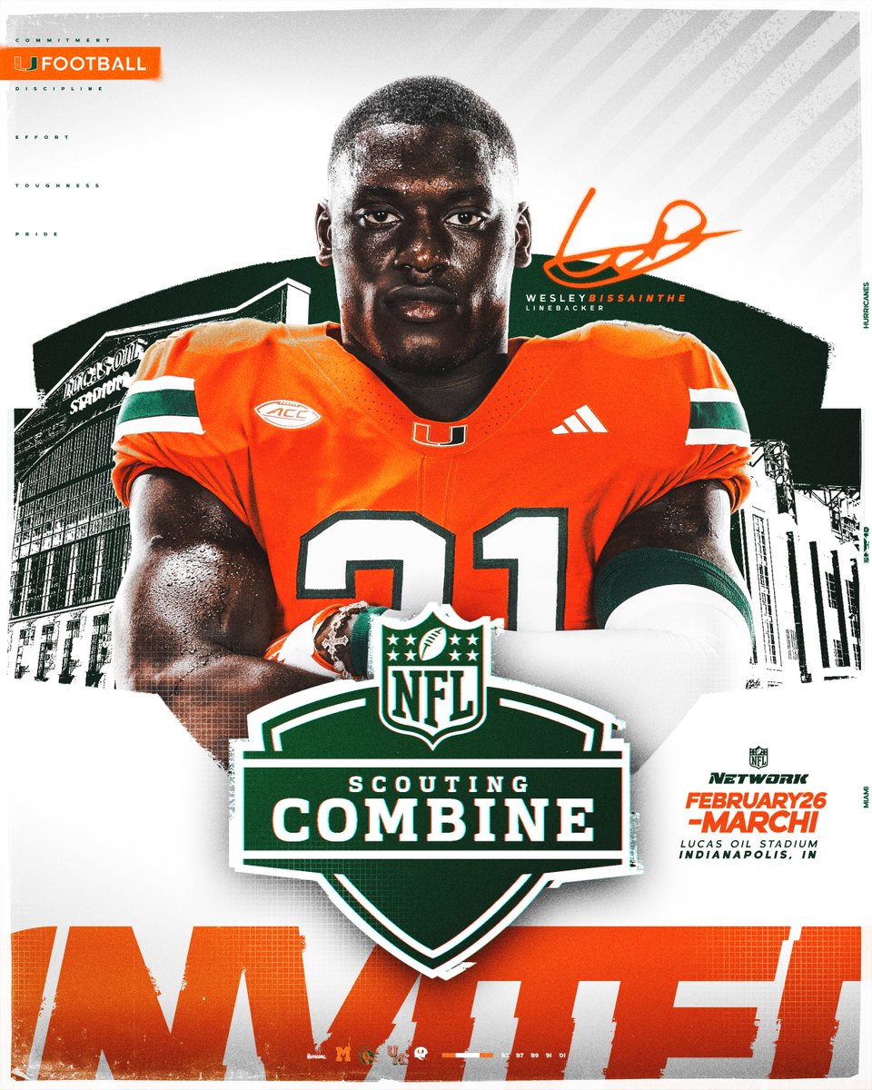 CanesFootball's tweet photo. Invited! ✅

Wesley Bissainthe is prepped and ready for the 2026 NFL Scouting Combine! 🙌 https://t.co/Y3y88yQXwc