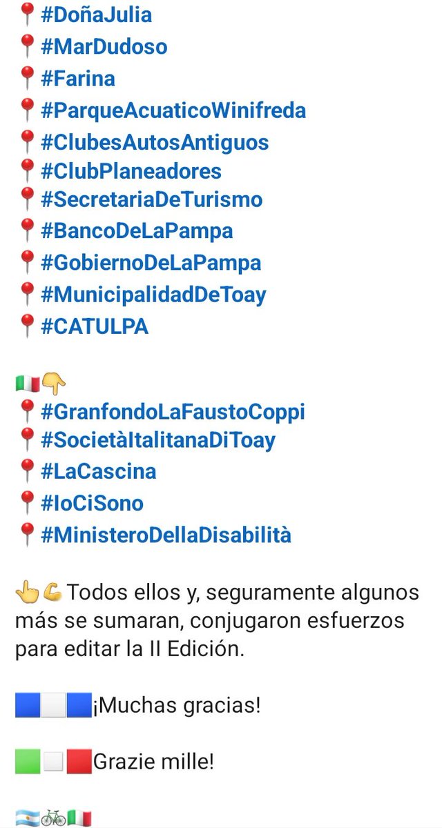 Agradecer a todas estas Instituciones y Empresas que acompañan la II Edición de la #GranFondoItalianissima #ciclismo #diplomazisdellosport 🇦🇷🚲🇮🇹
<a href="/ItalyMFA/">Farnesina 🇮🇹</a> <a href="/ItalyinARG/">Italy in Argentina</a>