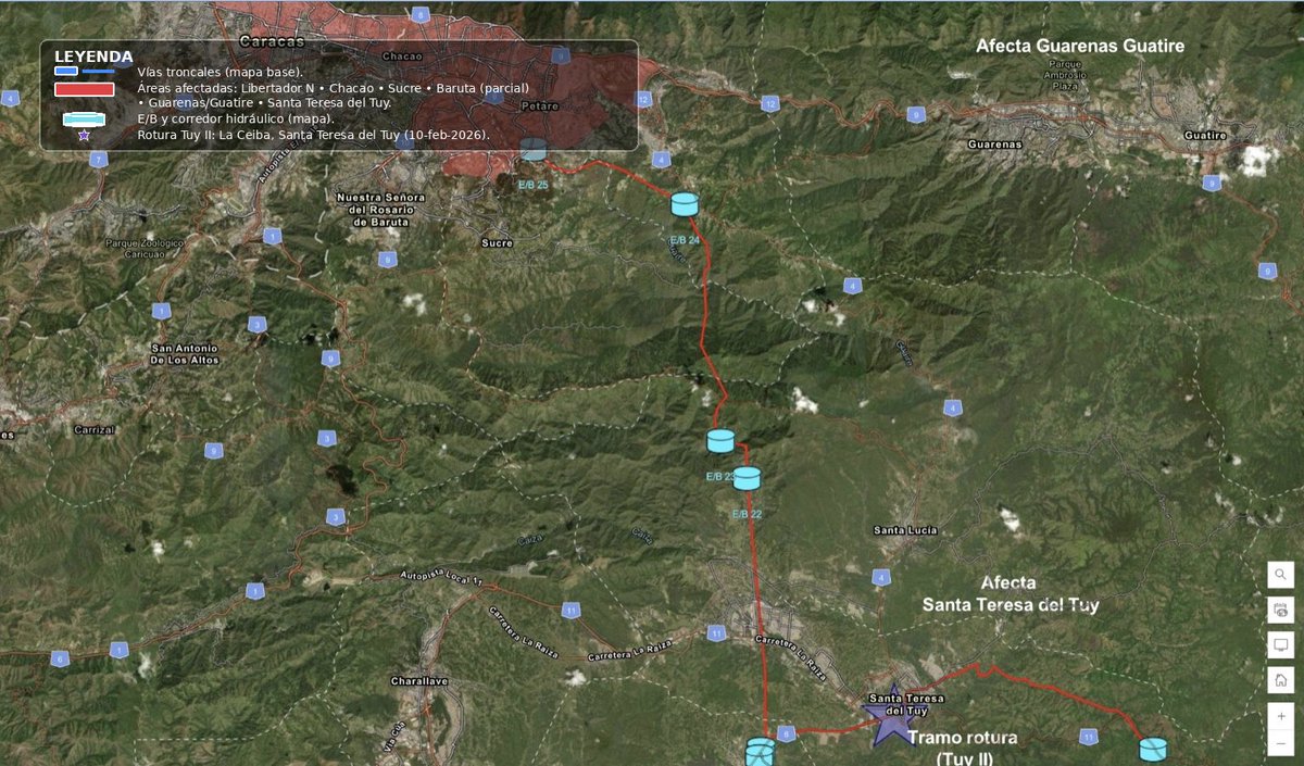 1/🧵 Ayer, 10-feb-2026, se rompió una *tubería matriz de 48”* en Santa Teresa del Tuy (Independencia, Miranda), sector La Ceiba. No es “solo una fuga”: es infraestructura crítica fallando con alta presión y alto riesgo.