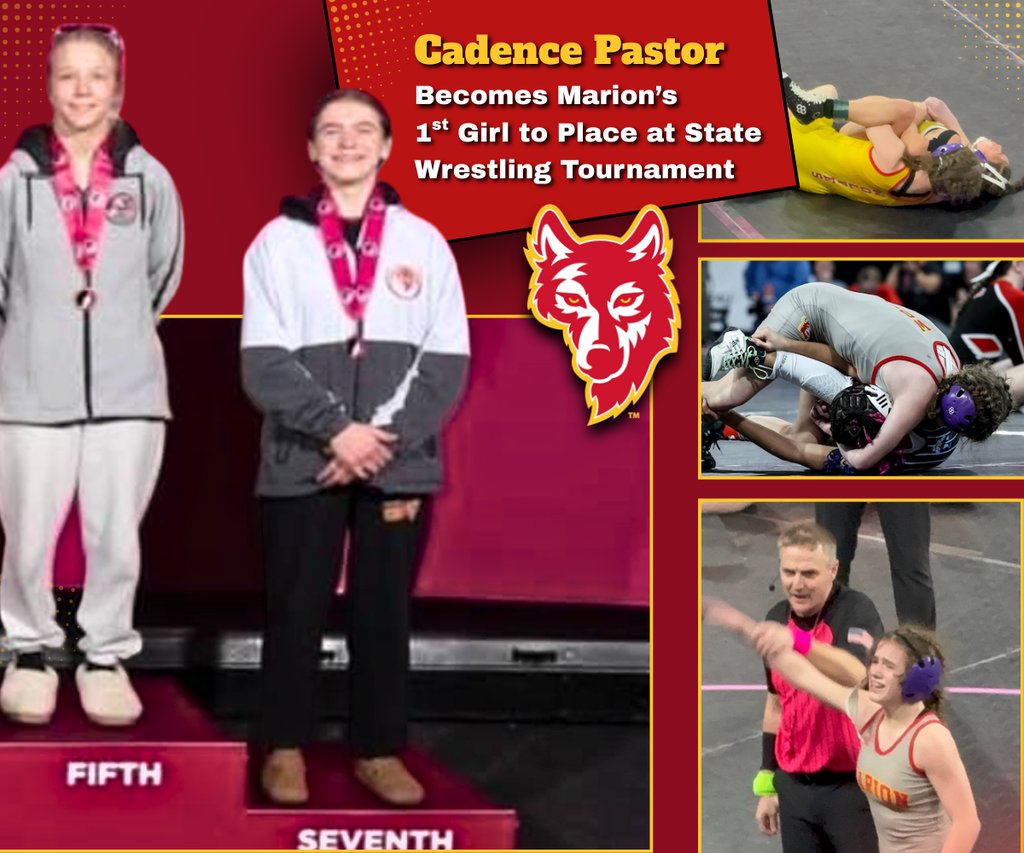 Marion_ISD's tweet photo. Congratulations to Cadence Pastor who placed 7th at Girls State Wrestling Tournament last week, making her the first girl to place at the State Wrestling Tournament in Marion High School's history! #MISDOwnYourFuture #MISDInspire https://t.co/bQI8Y9esib