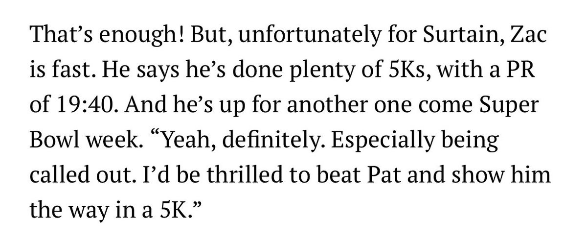 I'd be thrilled to beat Pat Surtain II in a 5k.

Bring it on <a href="/PatSurtainll/">Patrick Surtain</a> !!!🤣