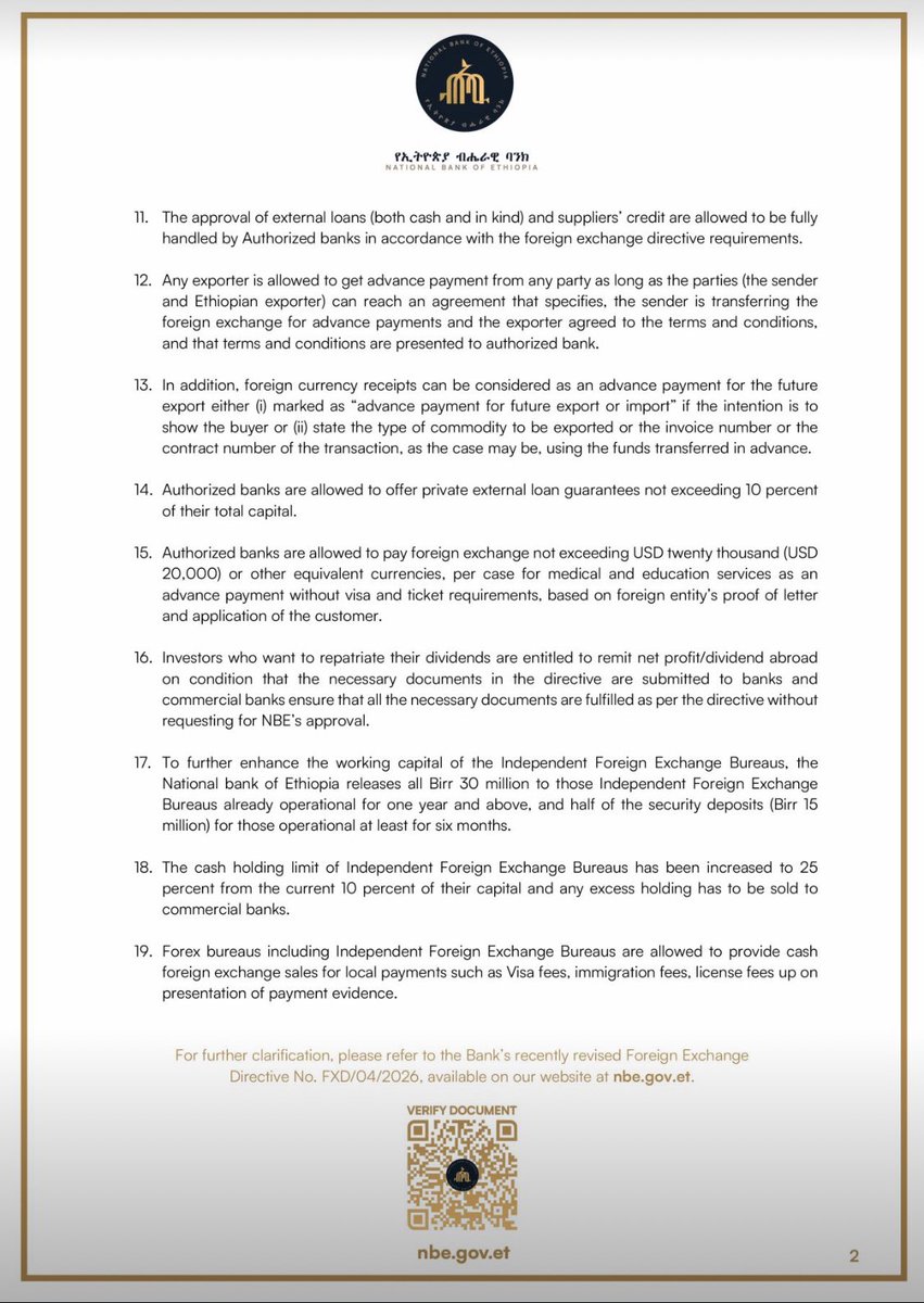 gizeshwork_tess's tweet photo. Ethiopia has taken a major step forward in strengthening investor confidence. The National Bank of Ethiopia has officially confirmed that foreign investors can now repatriate net profits and dividends abroad without prior approval from the National Bank of Ethiopia. https://t.co/mJ4YDc6rZS