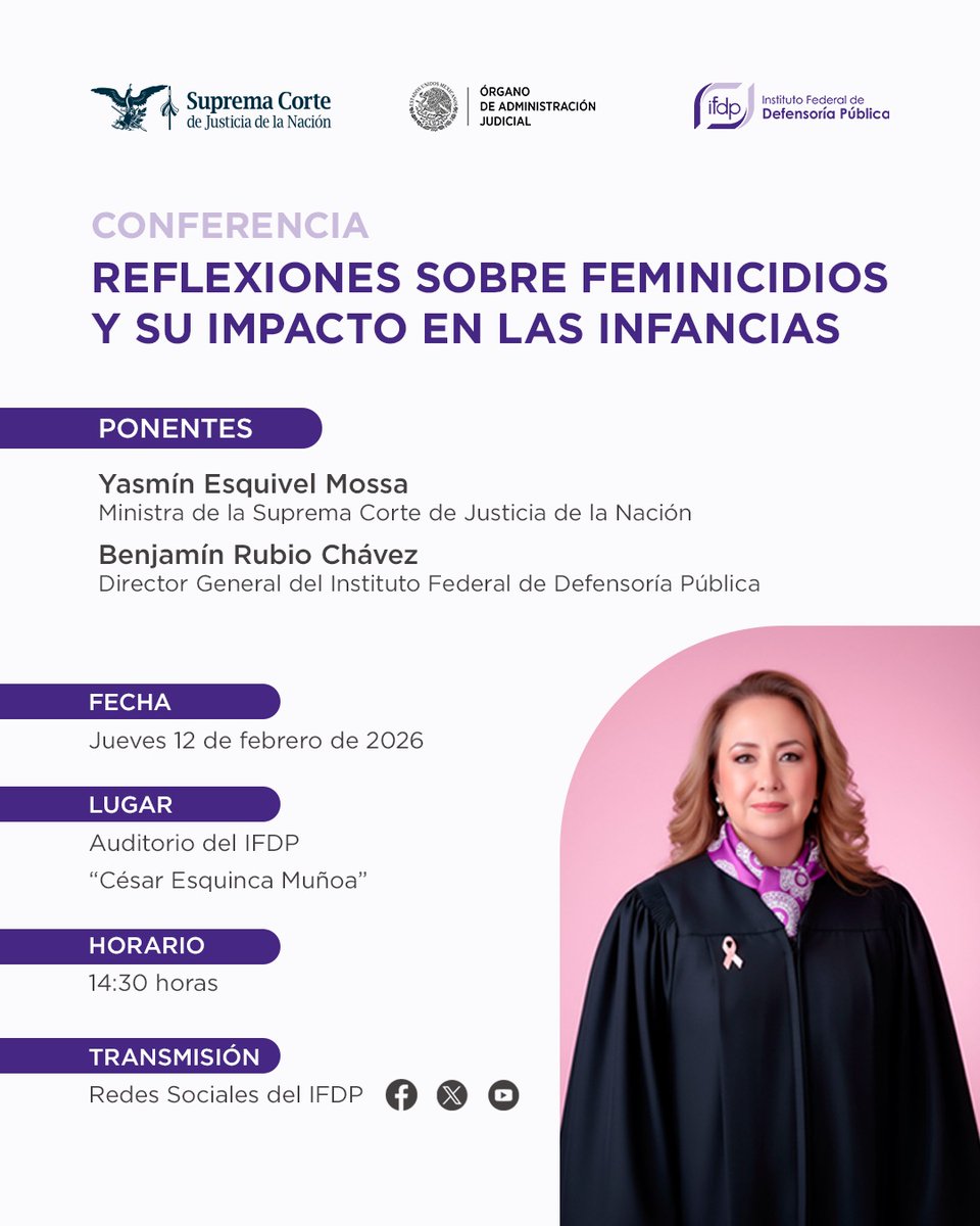 defensoriaifdp's tweet photo. ¿Quién cuida de las infancias tras la ausencia de su madre? 👦🏻👧🏻

Acompaña a la ministra de la @SCJN, @YasminEsquivel_, en esta necesaria reflexión sobre el impacto del feminicidio en la niñez y la urgencia de garantizar una justicia que repare proyectos de vida.

Para la @defensoriaifdp, visibilizar estas barreras estructurales es el primer paso para fortalecer nuestras estrategias de defensa con perspectiva de género e interseccionalidad. 🏛️✨

Conferencia:  “Reflexiones sobre feminicidios y su impacto en las infancias”
🗓️ Hoy, jueves 12 de febrero, 14:30 h.
🔴 #EnVivo: https://t.co/BL65Ubhiwd
