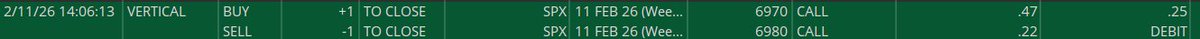 Williams74012's tweet photo. 🔥 $SPX #0DTE 2/11/26

💰+$235 on the day using just 1 contract

🎯3 #OptionsStrategies used

🥋 #CallCreditSpread
🥋 #PutCrditSpread
🥋 #CallDebitSpread

🏦 #OptionsSellingInstitute https://t.co/DTosa2sKVe