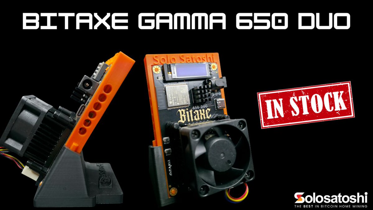 SoloSatoshi's tweet image. 🚨 The Bitaxe Gamma 650 Duo is now in-stock!

Assembled in the USA 🇺🇸
Ships fast from Texas! ✈️
solosatoshi.com/product/bitaxe…