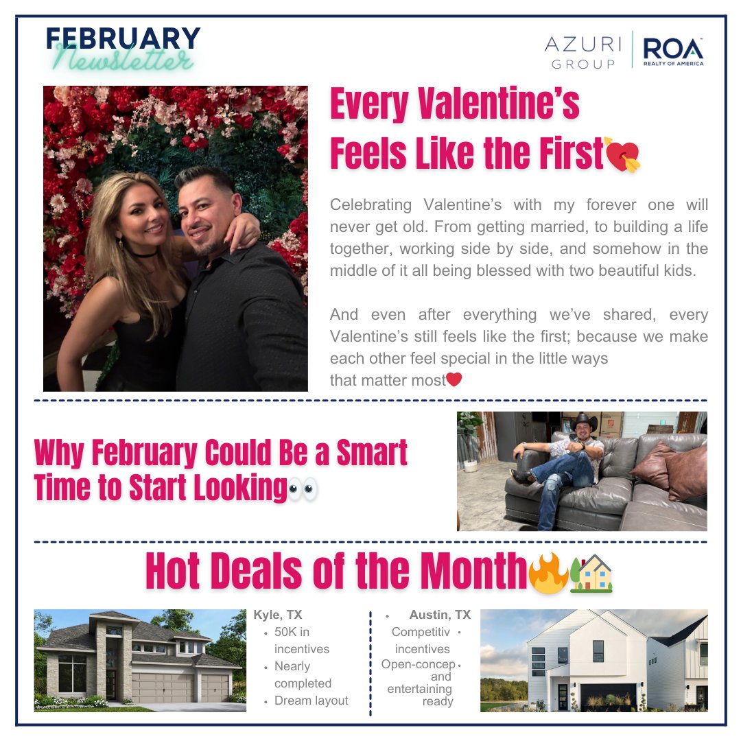 AzuriRealty's tweet photo. Your perfect match might be on the market 💘🏡
This month’s newsletter is live, love, market insights, and hot new-build opportunities in Austin &amp; beyond. https://t.co/WRNW8Bzbkc