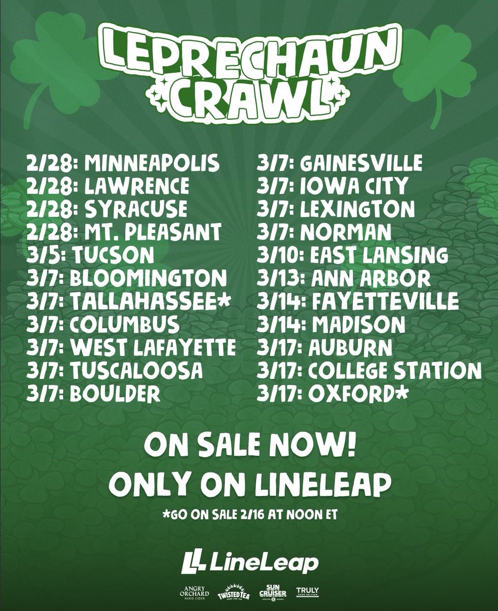 🍀 LineLeap’s Leprechaun Bar Crawl is coming to town!

🎟️ Tickets are ON SALE  on the LineLeap app. Download via link in <a href="/lineleap/">しおり</a> IG bio. 21+ only.

Follow <a href="/lineleap/">しおり</a> &amp; <a href="/lineleap/">しおり</a>.crawls on IG for updates on participating bars, start times, t-shirt pickup, specials &amp; more