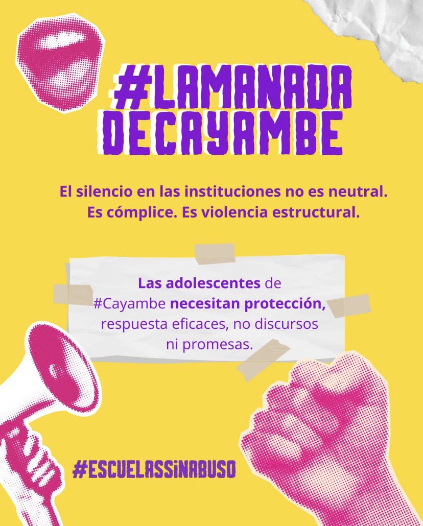 🚨 La violencia sexual en escuelas y colegios está naturalizada. Y quienes la denuncian terminan señaladas. Las víctimas de #LaManadaDeCayambe no fueron la excepción. Exigimos #JusticiaAdolescentesCayambe

<a href="/DEFENSORIAEC/">Defensoría del Pueblo de Ecuador</a> 
<a href="/FiscaliaEcuador/">Fiscalía Ecuador</a> 
<a href="/CJudicaturaEc/">Consejo de la Judicatura</a> 
<a href="/Educacion_Ec/">Ministerio de Educación, Deporte y Cultura</a>