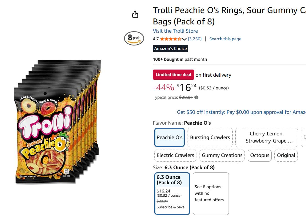 8 Bags of 6.3oz Trolli Peachie O's Rings, Sour Gummy Candy $16.24 or $14.53
Click amzn.to/464xIfI limit 5
.