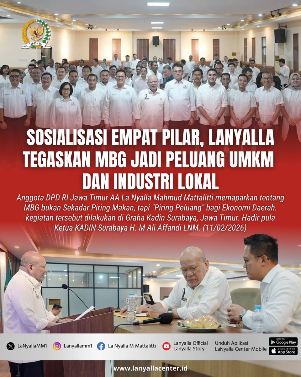 LaNyallaMM1's tweet image. Dalam kegiatan Sosialisasi Empat Pilar, Anggota DPD RI Jawa Timur AA La Nyalla Mahmud Mattalitti memaparkan tentang MBG bukan Sekadar Piring Makan,

#lanyalla #dpdri #dpdrijatim #mbg #lanyallaacademia