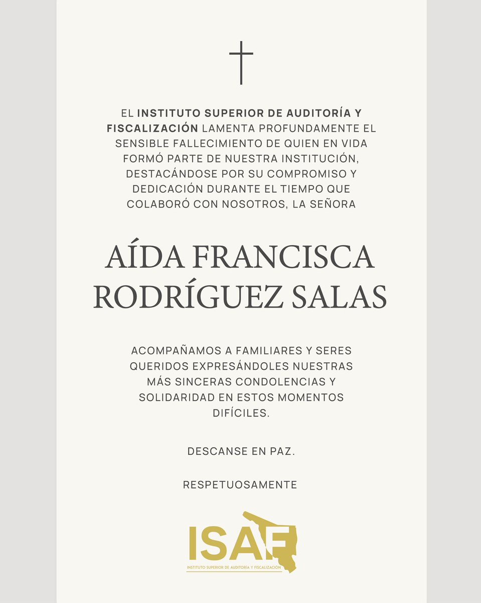El ISAF lamenta profundamente el sensible fallecimiento de la Sra. Aída Francisca Rodríguez Salas, quien en vida formó parte de nuestra institución destacándose por su compromiso y dedicación. Nuestras condolencias a sus seres queridos en estos momentos difíciles. Descanse en paz