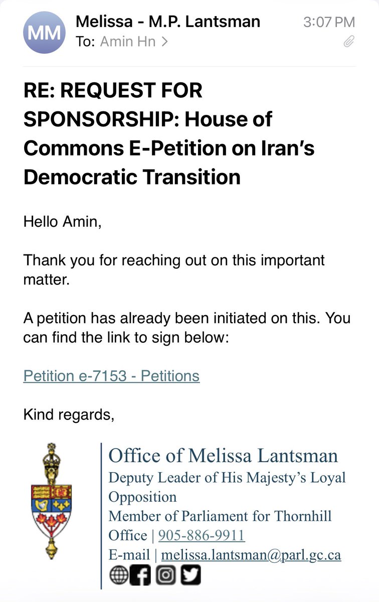 با دفتر ملیسا لنتسمن هم در ارتباط بودم ایشون گفتند فعلا از همین پتیشن MP HO حمایت کنیم پس تا جایی که میشه امضا کنید و به اشتراک بگذارید.

ourcommons.ca/petitions/en/P…

#جاویدشاه