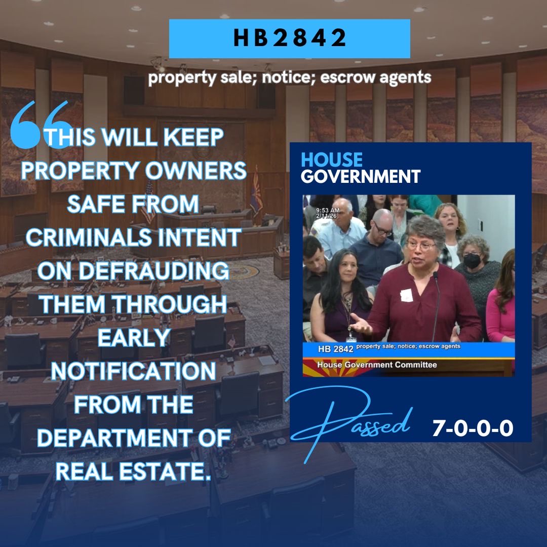 AZHouseDems's tweet image. Rep. Patty Contreras is taking a stand against deed fraud. HB2842 was inspired by Debbie Gottlieb, a constituent who nearly lost her father's property to deed fraud. The bill passed Government Committee today. #azleg