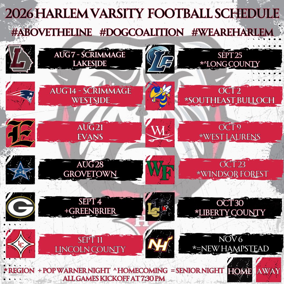 HarlemFootball's tweet photo. Here’s your 2026 Varsity and JV football schedules!

#AboveTheLine #DogCoalition #WeAreHarlem https://t.co/ct9u7zTUXd