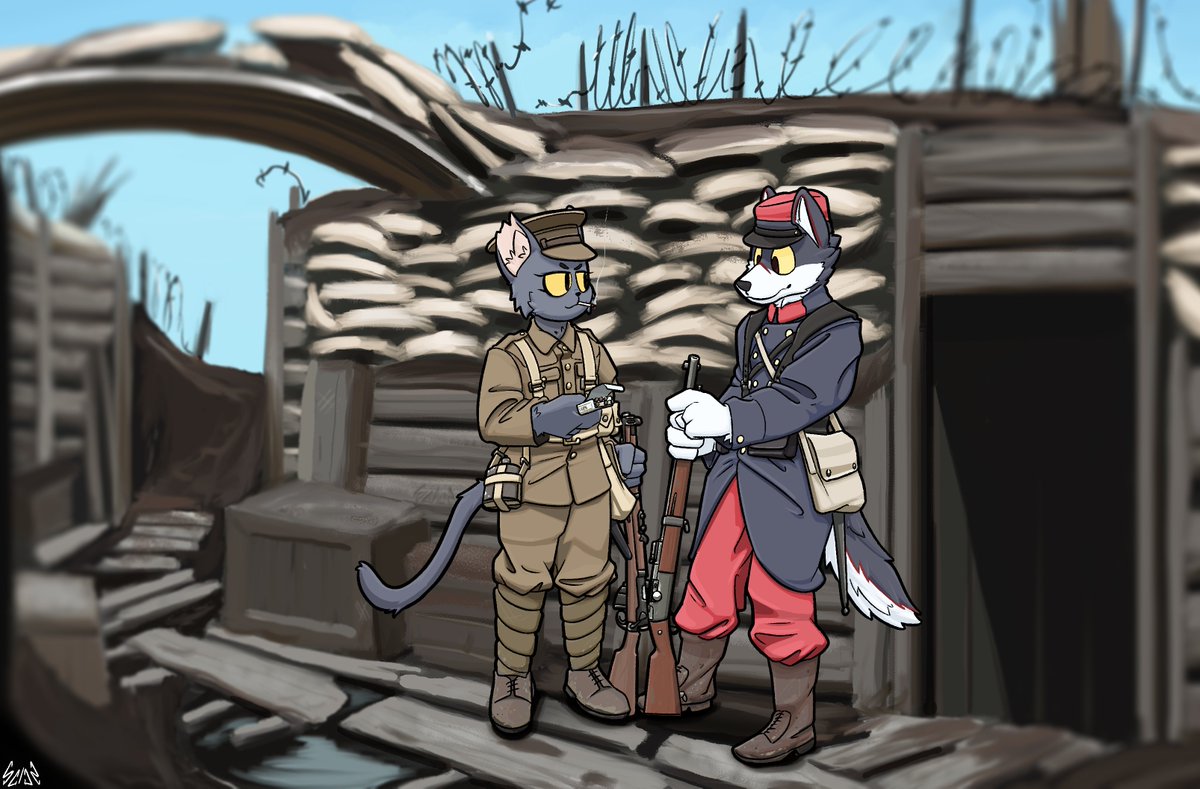 Smoke break on the western front [Season 3 Commission]

#Furry #Digitalartwork #Furryartwork #digitalart #Ww1 #France #Britain #Trench