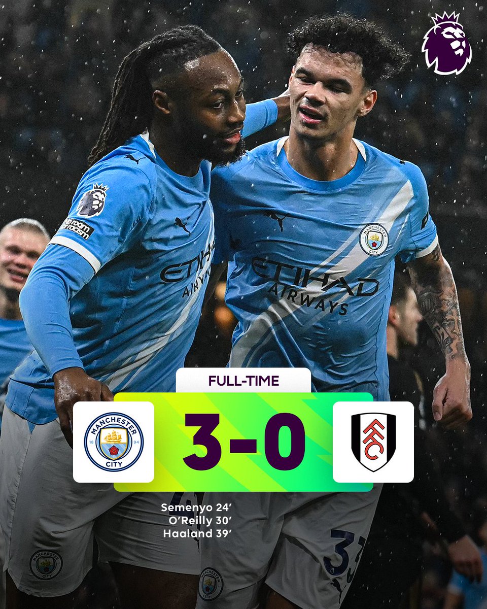 premierleague's tweet photo. Man City move three points behind leaders Arsenal with a convincing win against Fulham 📊 https://t.co/PIfZvirre5