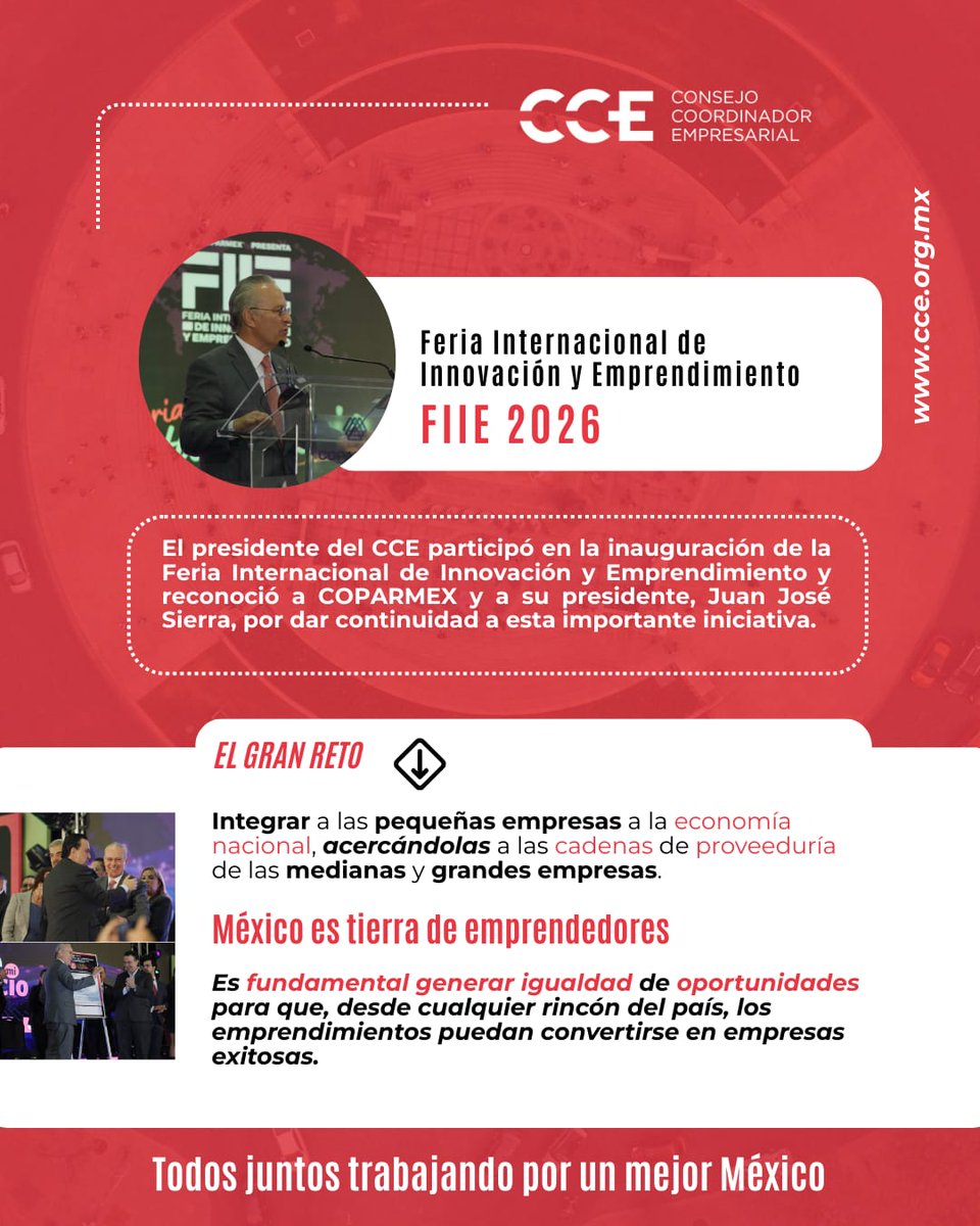 cceoficialmx's tweet photo. En la inauguración de la Feria Internacional de Innovación y Emprendimiento #FIIE2026, el Pdte. @JoseMedinaMora reconoció a @Coparmex y a su Presidente, Juan José Sierra (@jsierraalvarez), por impulsar esta importante iniciativa, que fortalece al sector empresarial de México.  
Destacó la necesidad de integrar a las pequeñas empresas a la economía nacional y promover  su vinculación con las cadenas de proveeduría, para generar igualdad de oportunidades y más empresas exitosas en todo el país.