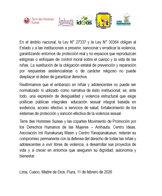 tdhsperu's tweet photo. #PRONUNCIAMIENTO: Embarazo en #NIÑAS Y ADOLESCENTES es una vulneración de derechos y no puede ser normalizado #terredeshommessuisse #intirunakunaqwasin #yanapanakusun #CentroIdeas #Amhauta #violencia #niñas https://t.co/jI3TA9ekKy