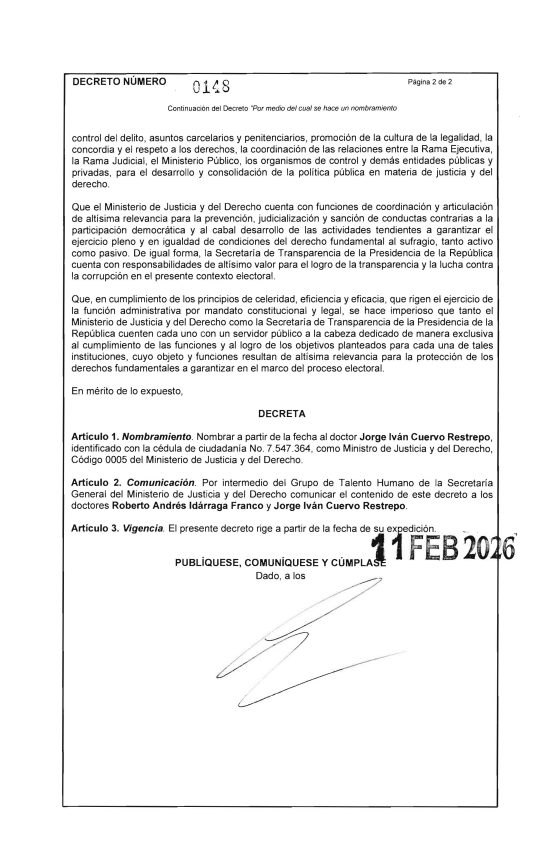 #EnDesarrollo Jorge Iván Cuervo es oficialmente el nuevo ministro de Justicia del Gobierno de Gustavo Petro. Hoy, en Casa de Nariño, en un protocolo en el que no estuvo el mandatario, firmó el decreto para asumir el cargo.