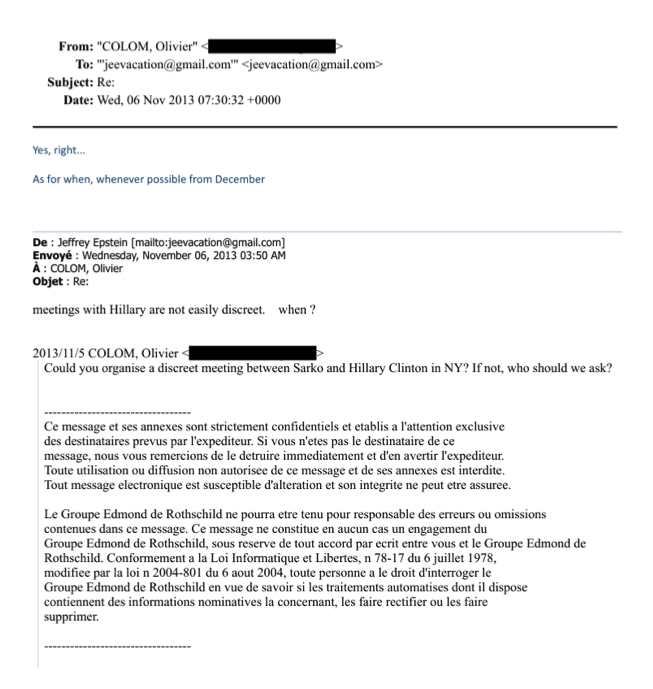 tomselliott's tweet photo. In 2013, France's Nicolas Sarkozy -- currently imprisoned for corruption -- wanted to "discreetly" meet @HillaryClinton during an upcoming NYC trip. Who does his team contact to arrange it? Jeffrey Epstein of course. https://t.co/FizMZtiI5p