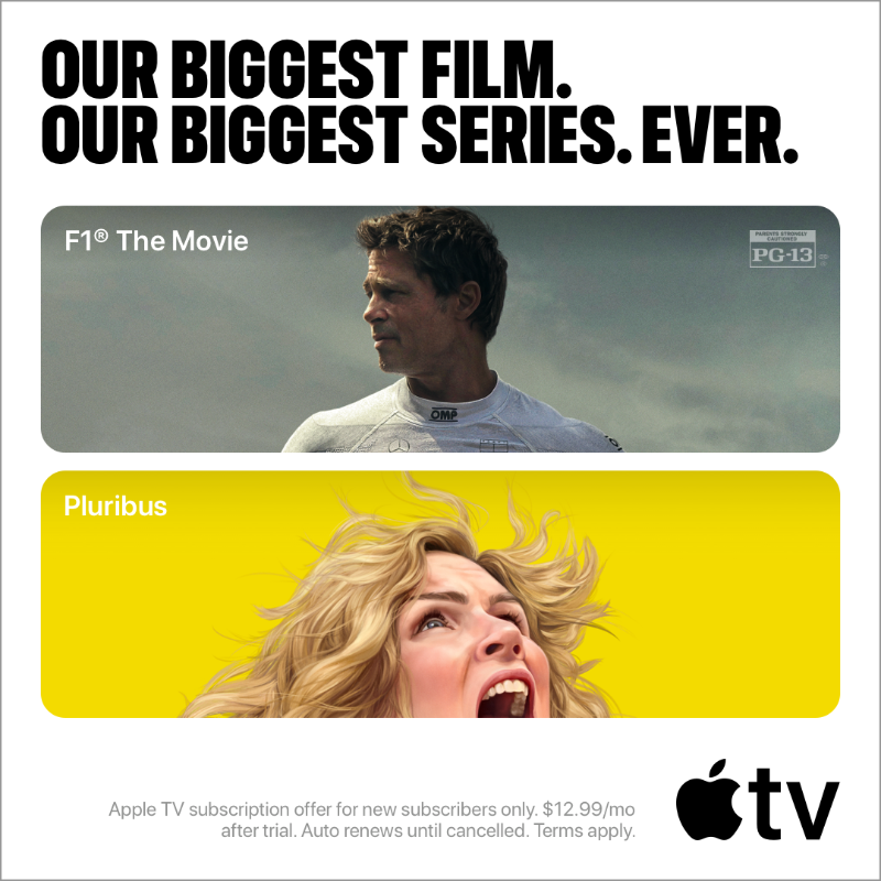 AppleTV's tweet photo. Try it free and watch F1® The Movie and Pluribus on Apple TV.