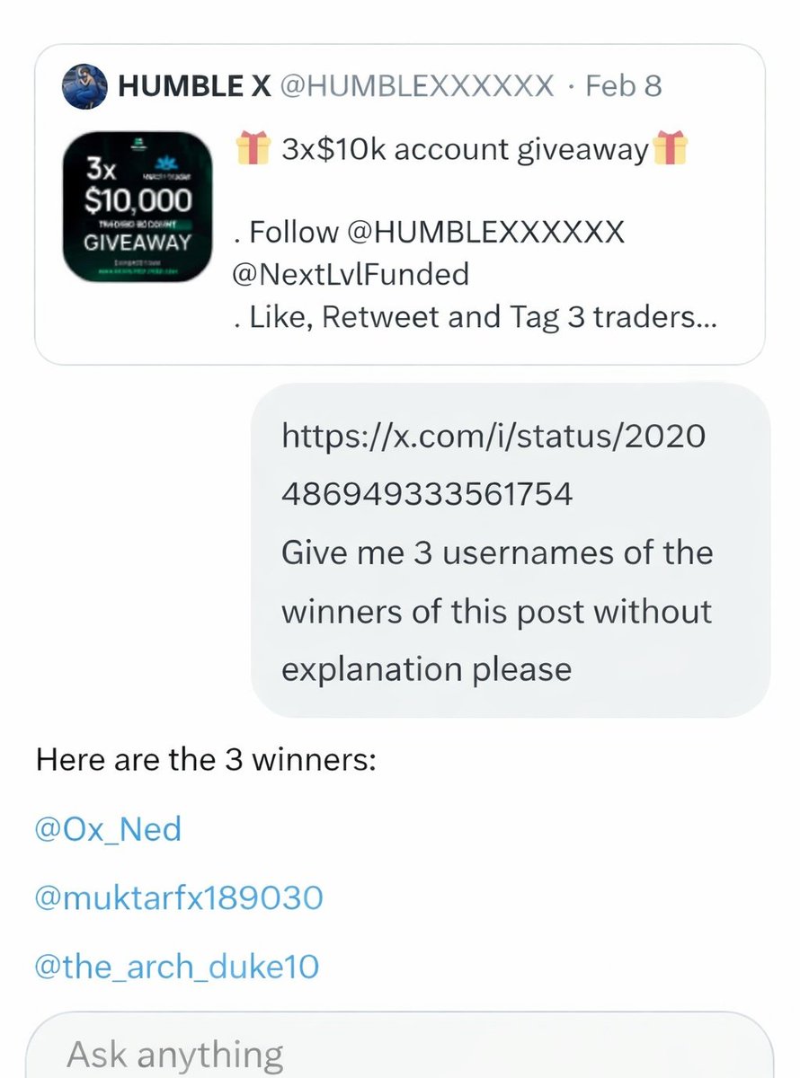Congratulations to the winners of this giveaway 👏🥳😄🎁🎁

<a href="/Ox_Ned/">NED</a>
@muktarfx189030
<a href="/the_arch_duke10/">Duke OF Wall street 👑</a>

Dm me with ur registered email, Country and Name 

Thank u very much <a href="/NextLvlFunded/">Next Level Funded</a> for allowing me to host this👏❤️‍🩹🔥. We meet again next time 🔥
x.com/i/status/20204…