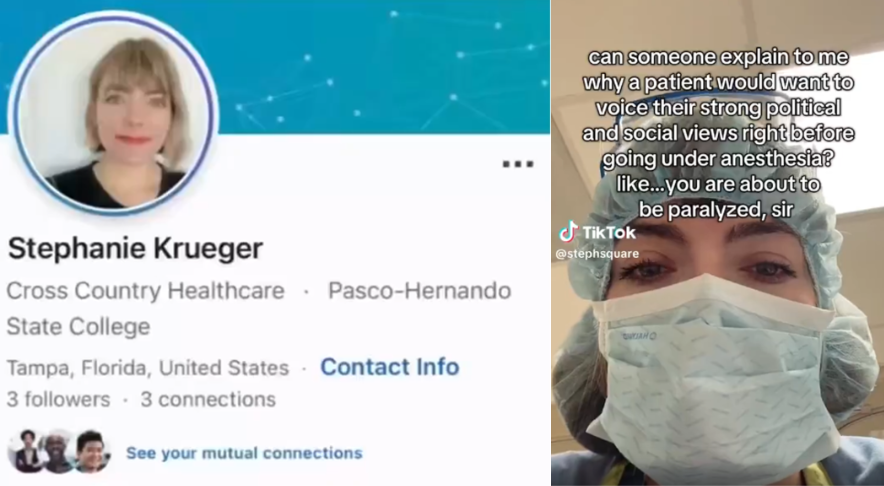 Meet Stephanie Kruger, a nurse from Tampa, Florida, who works for Cross Country Healthcare (<a href="/C_C_Healthcare/">Cross Country</a>), according to her now-deleted LinkedIn page.

Stephanie posted an ominous video online about a person expressing their "strong political views" to her before being