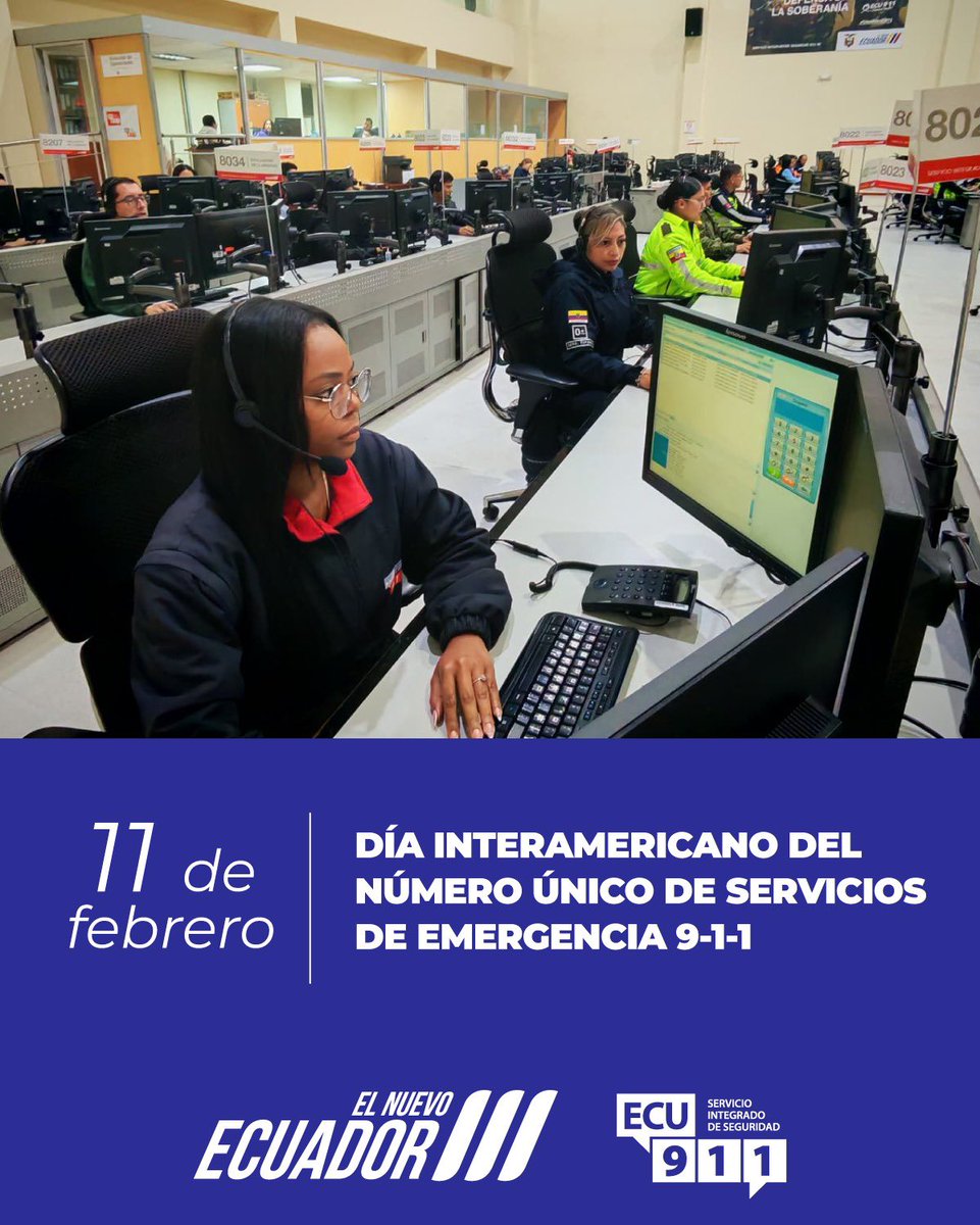 ECU911_'s tweet photo. #11defebrero | Día Interamericano del Número Único de Servicios de Emergencia

Hoy recordamos la importancia de contar con un sistema articulado y eficiente que protege vidas. El Servicio Integrado de Seguridad #ECU911 cumple una labor estratégica en la coordinación de emergencias a escala nacional, integrando a instituciones de primera respuesta para brindar atención oportuna y efectiva a la ciudadanía.

#LíneaÚnicaParaEmergencias