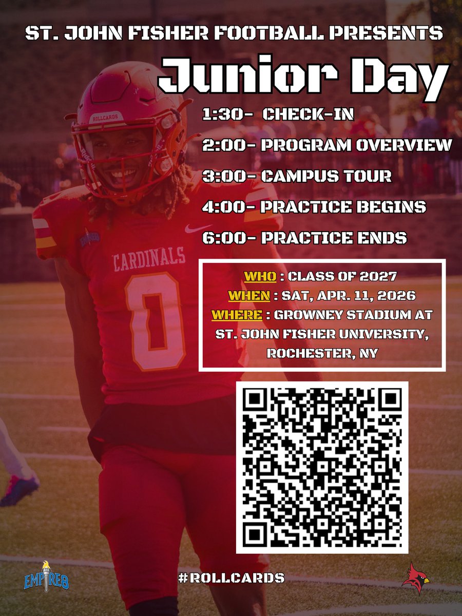SjfFootball's tweet photo. Class of 2027, Listen up🔥

Join us for Junior Day at St. John Fisher University and experience Cardinal Football up close.

📍 Growney Stadium | Rochester, NY
📅 April 11, 2026

Register now &amp; come learn about our program! #RollCards 🏈 https://t.co/LhwWNzuXWO